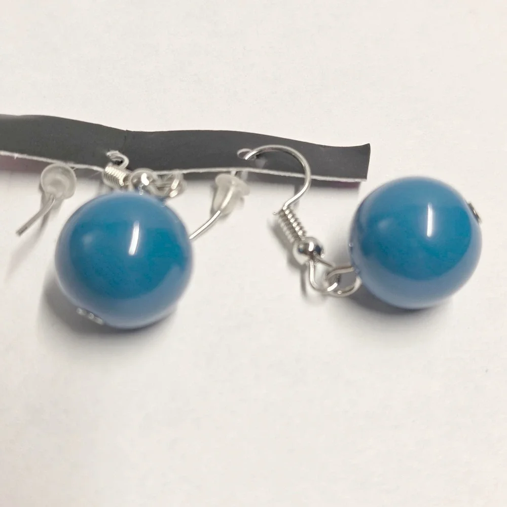 New Orb Drop Earrings Teal Blue Glossy Round Ball Minimalist Retro Dangle Hooks